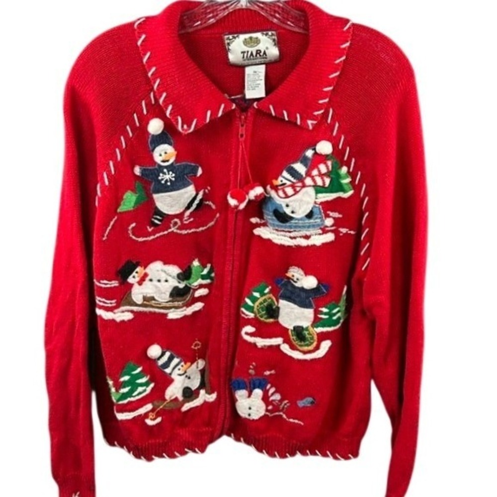 Vtg Tiara Christmas Holiday Sweater XL Snowmen Embroidered Full Zip Cardigan